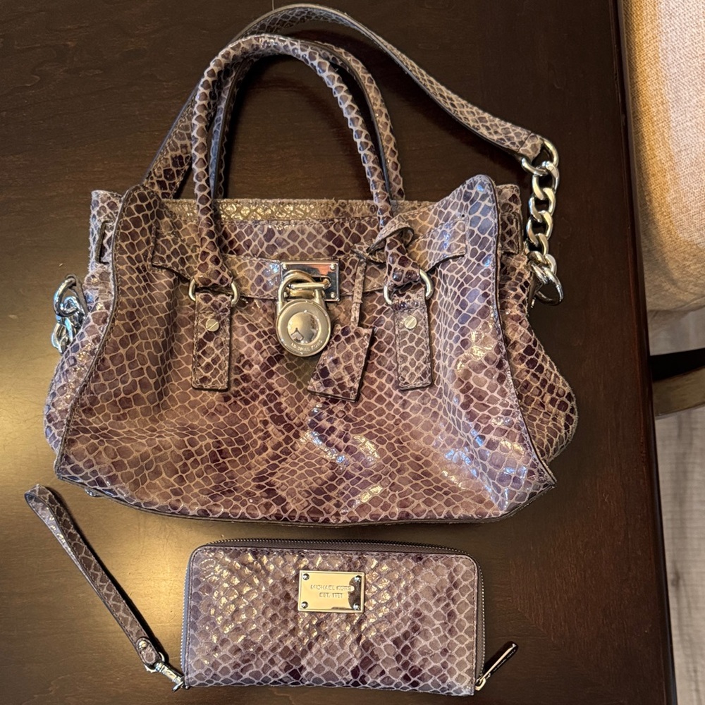Michael Kors Snake Print Satchel and Wallet Set - Gray-Purple. Purse shows wear